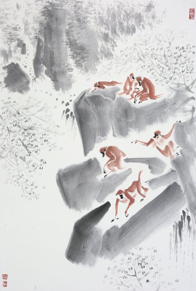 Monkeys Playing by a Mountain Stream