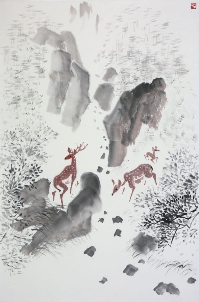 Deer Drinking from a Mountain Stream